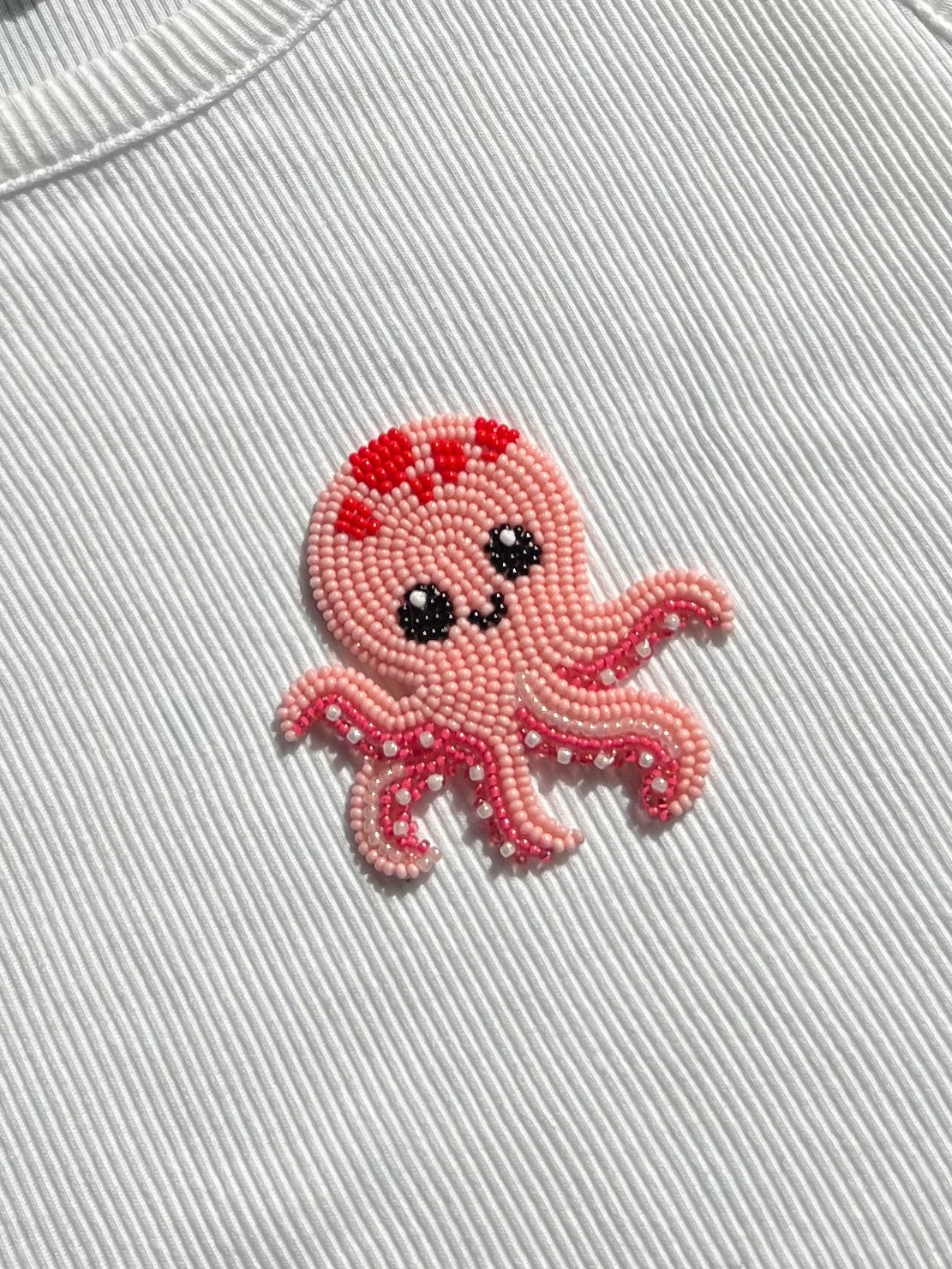 White Ribbed Top with Pink Beaded Octopus