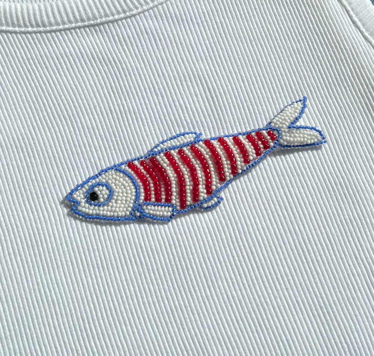 White Ribbed Top with Blue and Red Beaded Fish