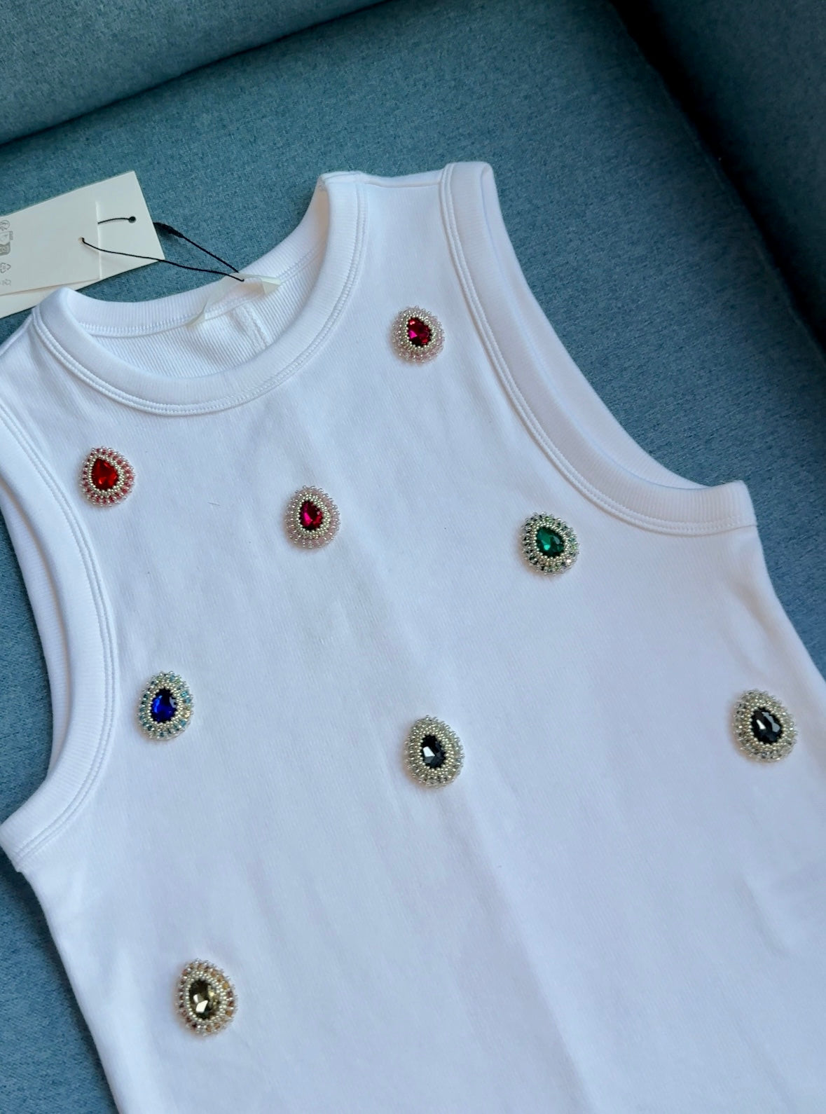 White Ribbed Top with Hand-Embroidered Gemstones