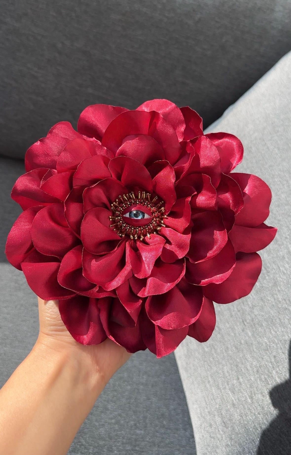 Large Silk Rose Brooch: Handmade Floral Pin with Eye Detail