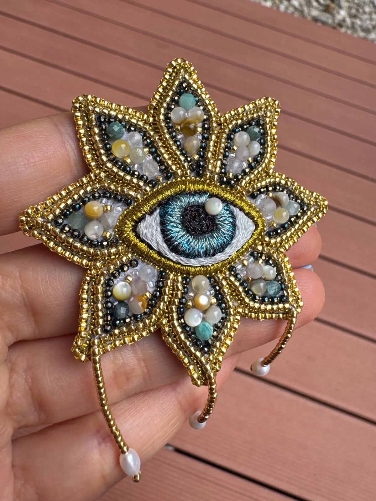 Natural Stone Gold Evil Eye Flower Brooch