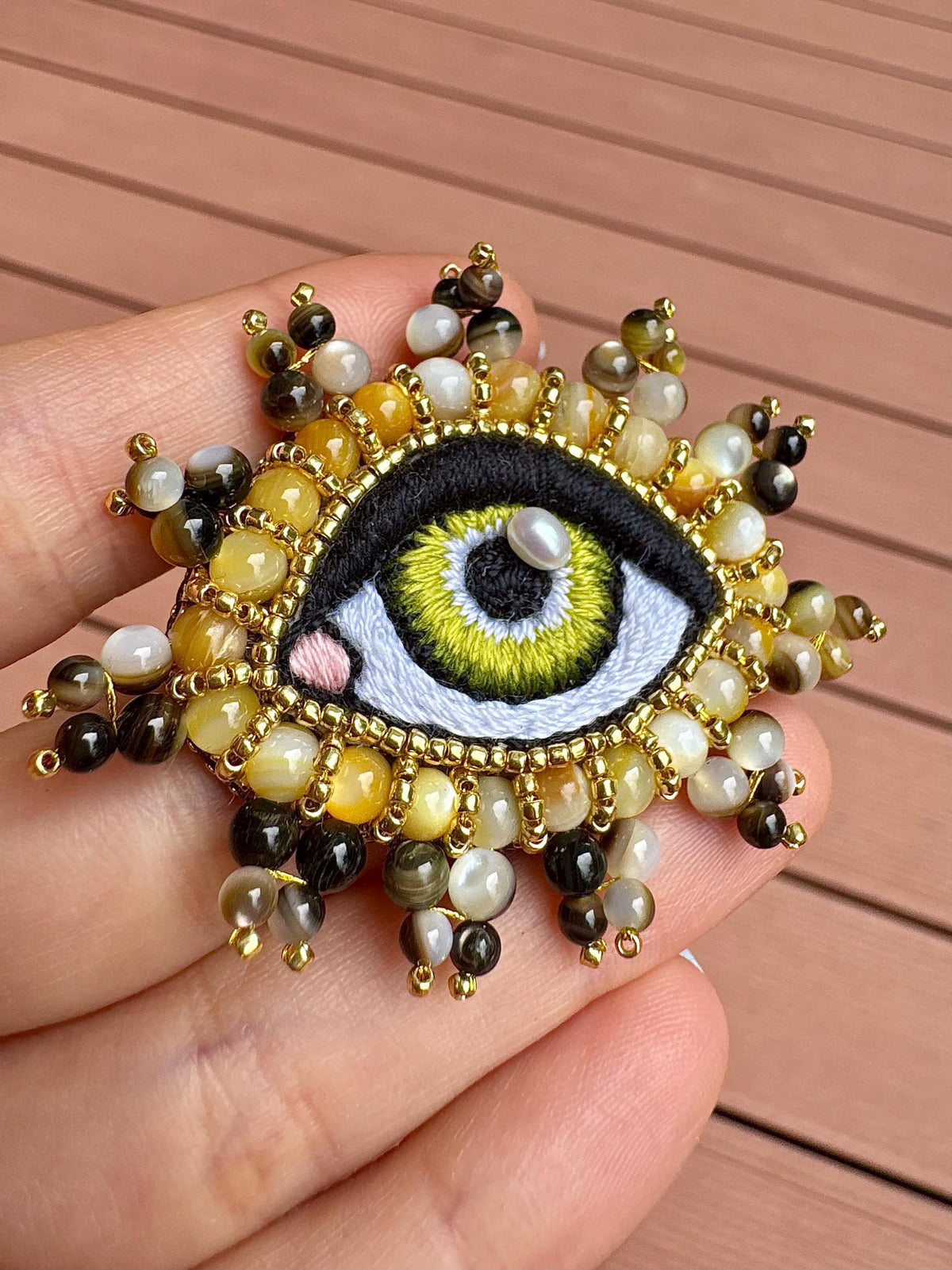 Yellow Evil Eye Brooch With Pearl