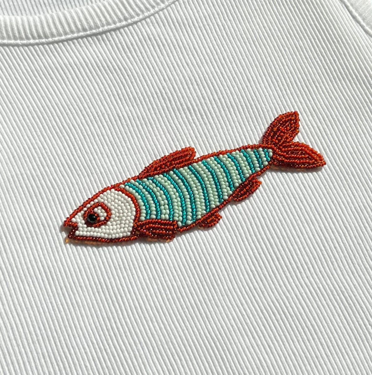 White Ribbed Top with Red and Turquoise Beaded Fish