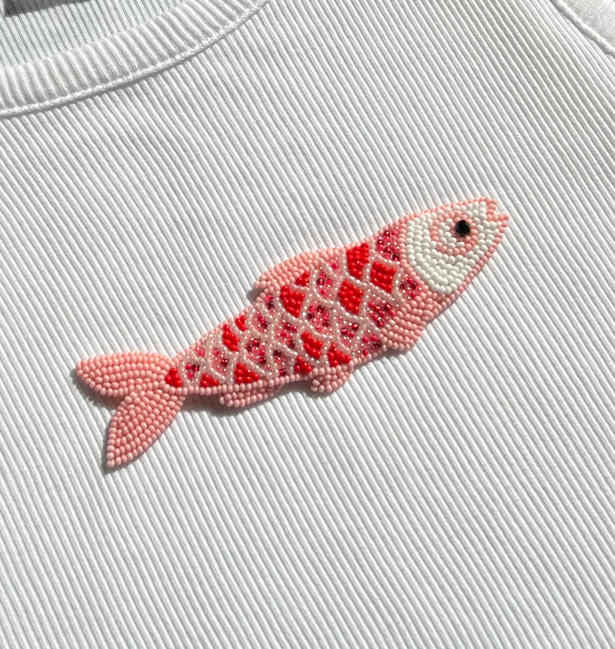 White Ribbed Top with Pink Beaded Fish
