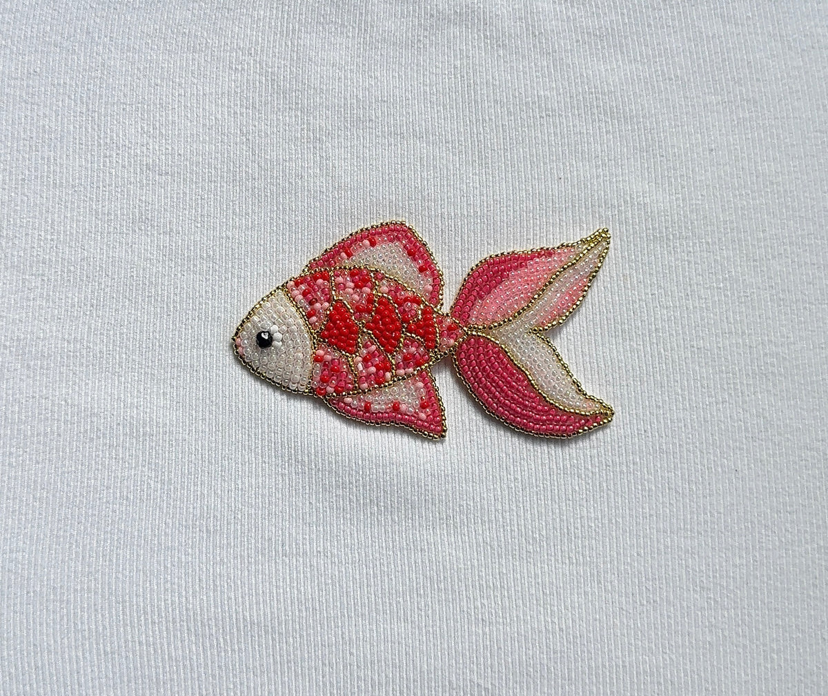 White Ribbed Top with Pink Fish Beadwork