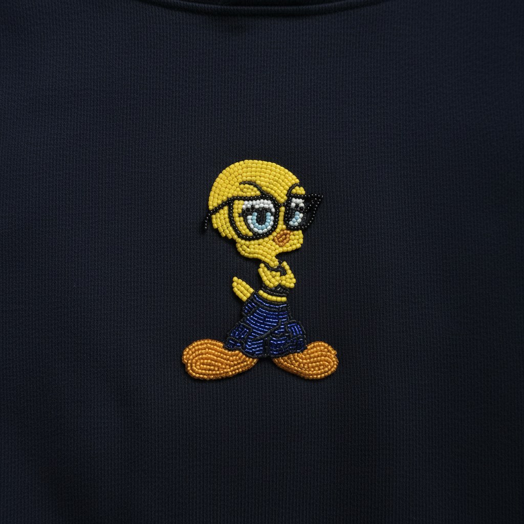 Beaded bird applique on navy hoodie fabric