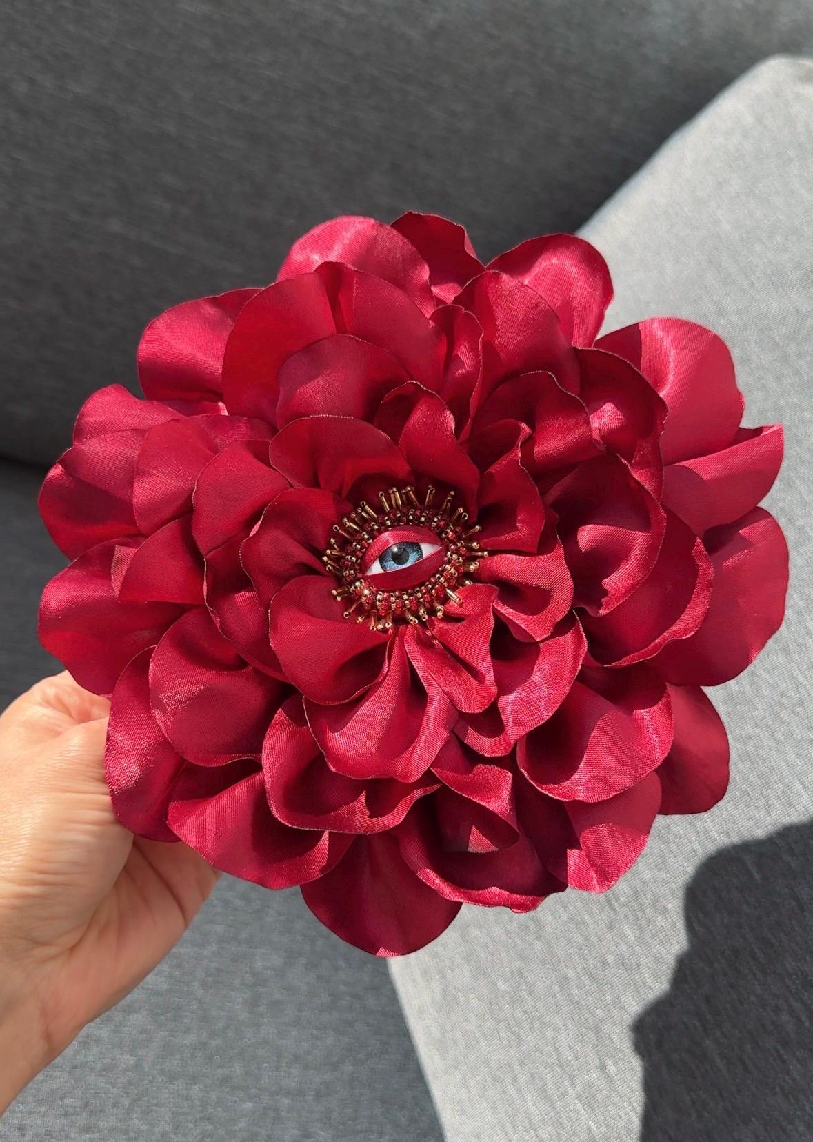 Large Silk Rose Brooch: Handmade Floral Pin with Eye Detail