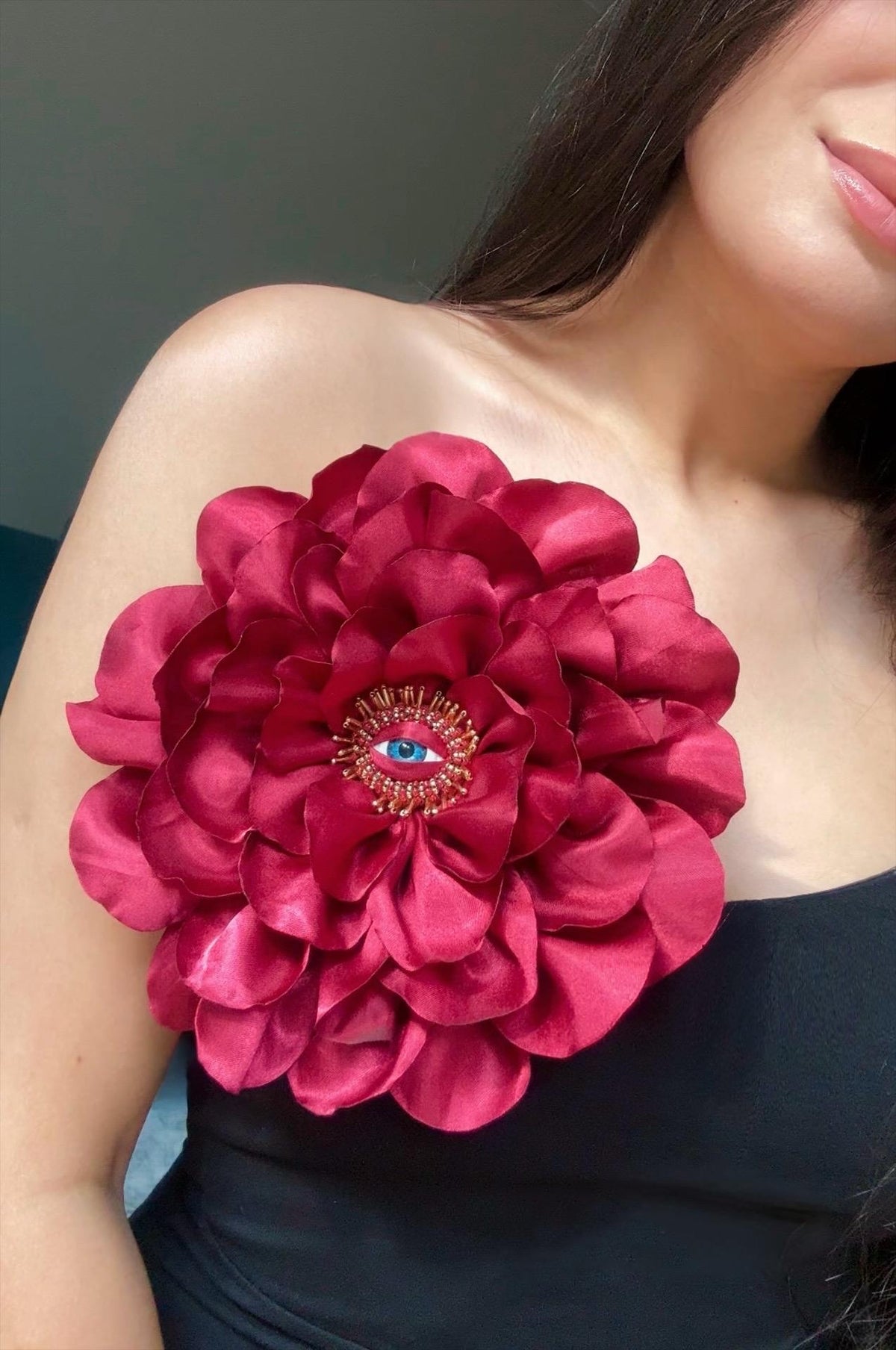 Large Silk Rose Brooch: Handmade Floral Pin with Eye Detail
