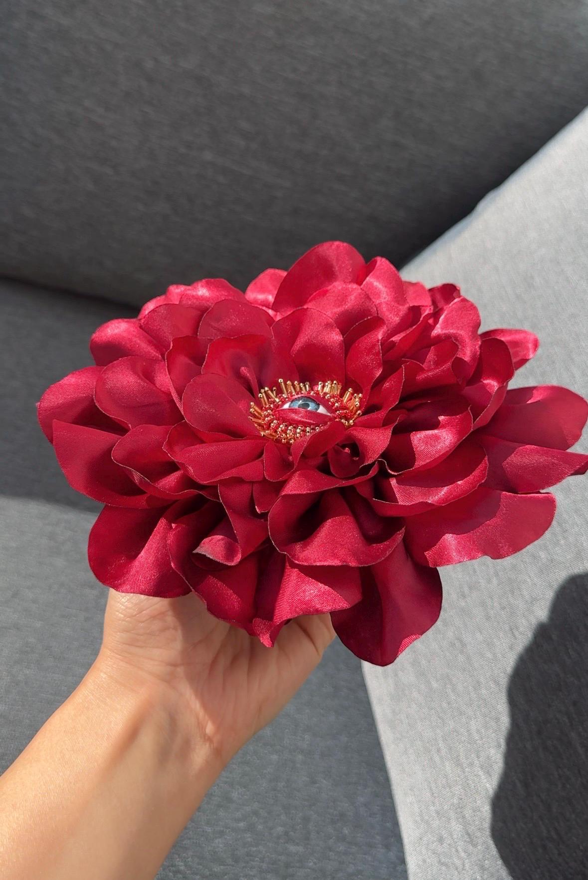 Large Silk Rose Brooch: Handmade Floral Pin with Eye Detail