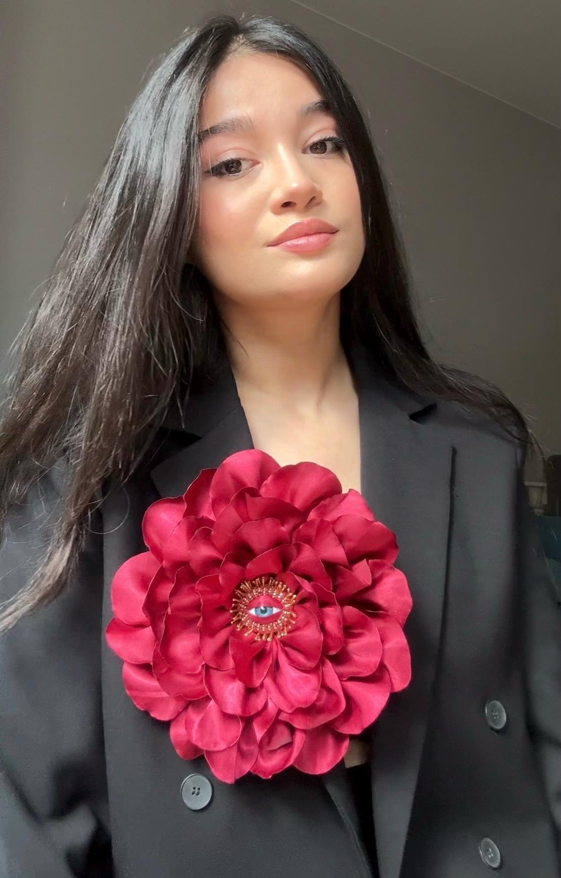 Large Silk Rose Brooch: Handmade Floral Pin with Eye Detail