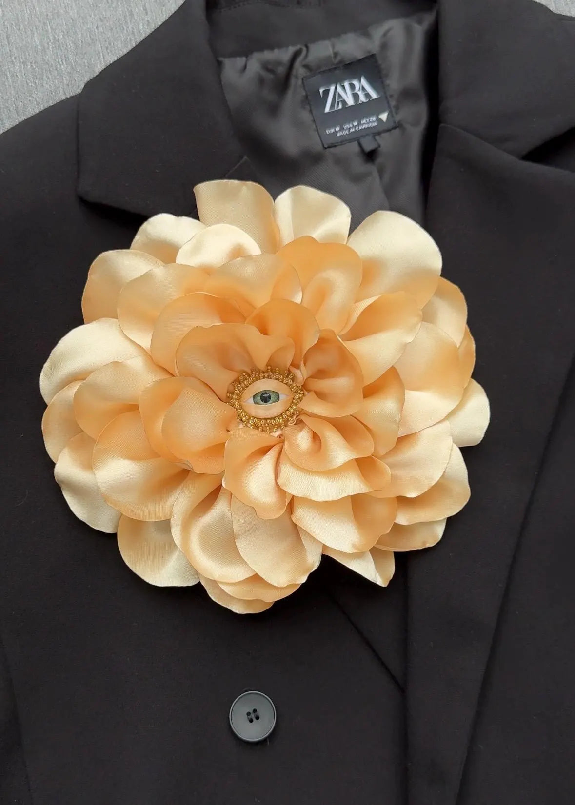 Large Silk Rose Brooch: Handmade Floral Pin with Eye Detail