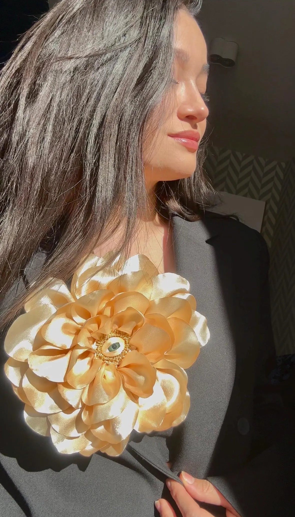 Large Silk Rose Brooch: Handmade Floral Pin with Eye Detail