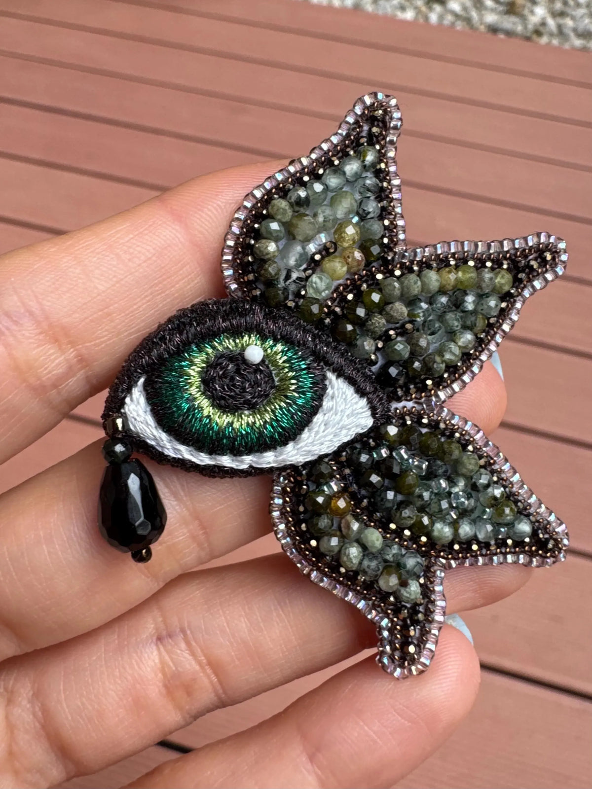 Natural Stone Green Evil Eye Leaf Brooch