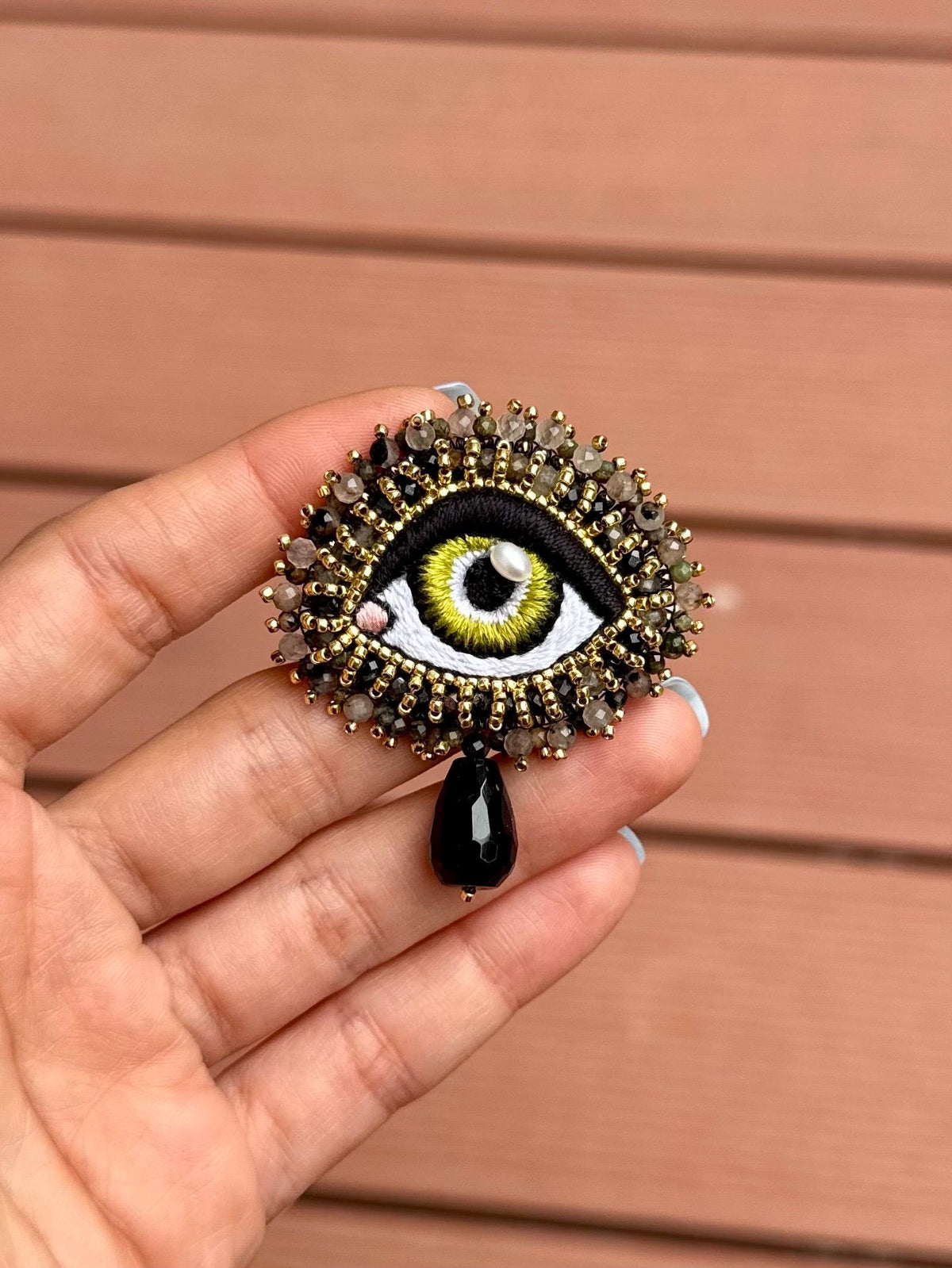 Natural Stone Green Evil Eye Brooch