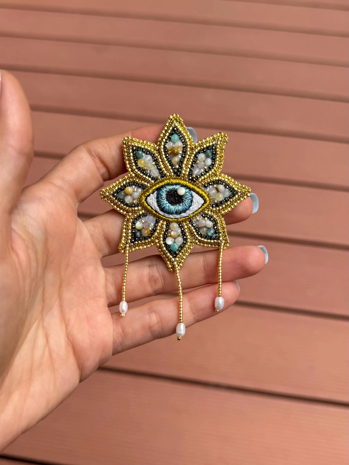 Natural Stone Gold Evil Eye Flower Brooch