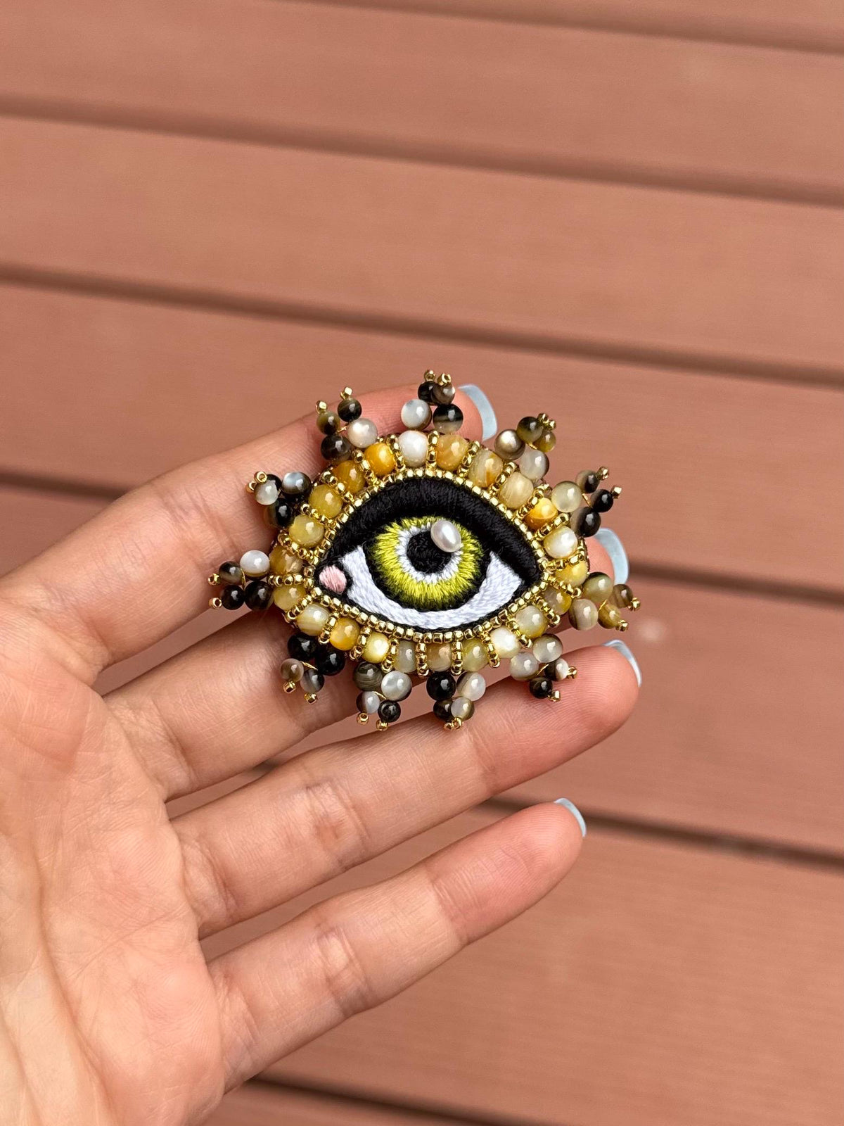 Yellow Evil Eye Brooch With Pearl