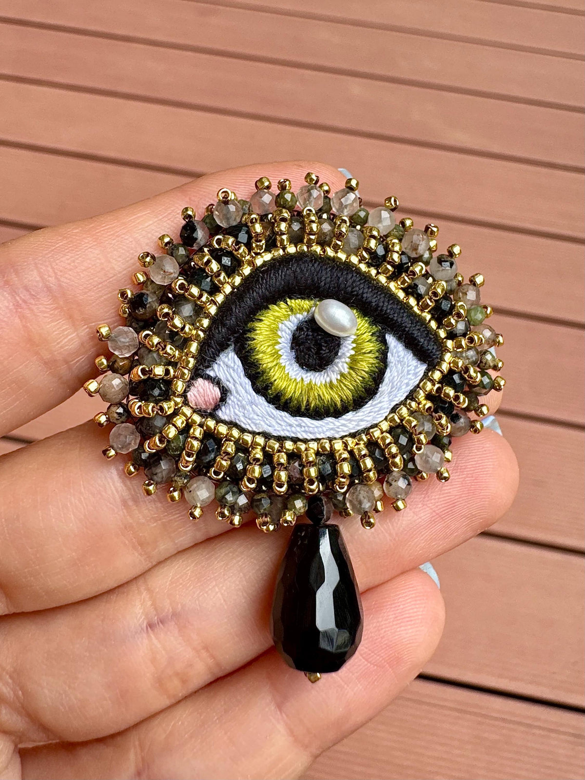 Natural Stone Green Evil Eye Brooch