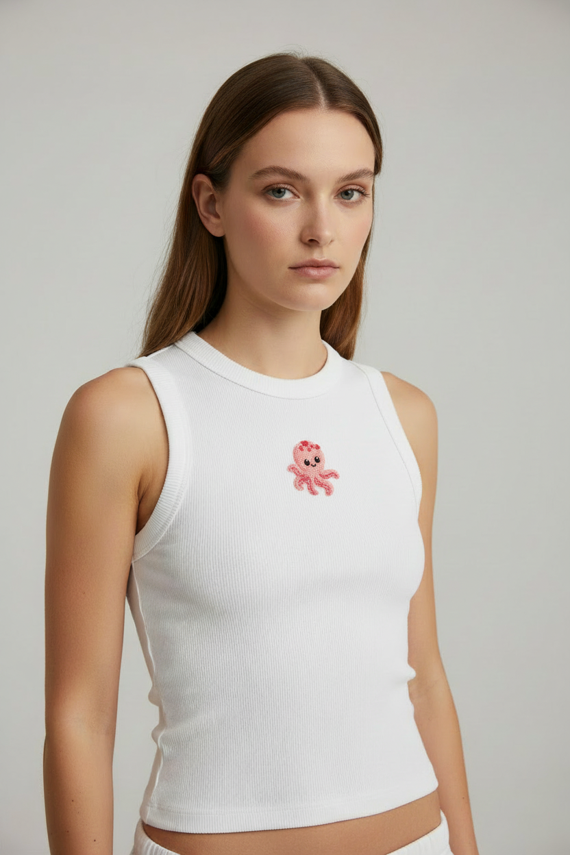 White ribbed top with a centered pink beaded octopus motif on a model at an angle