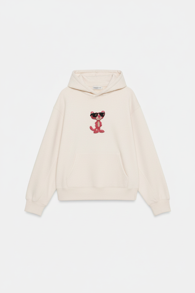Cream hoodie with Pink Panther beaded appliqué centered on the chest