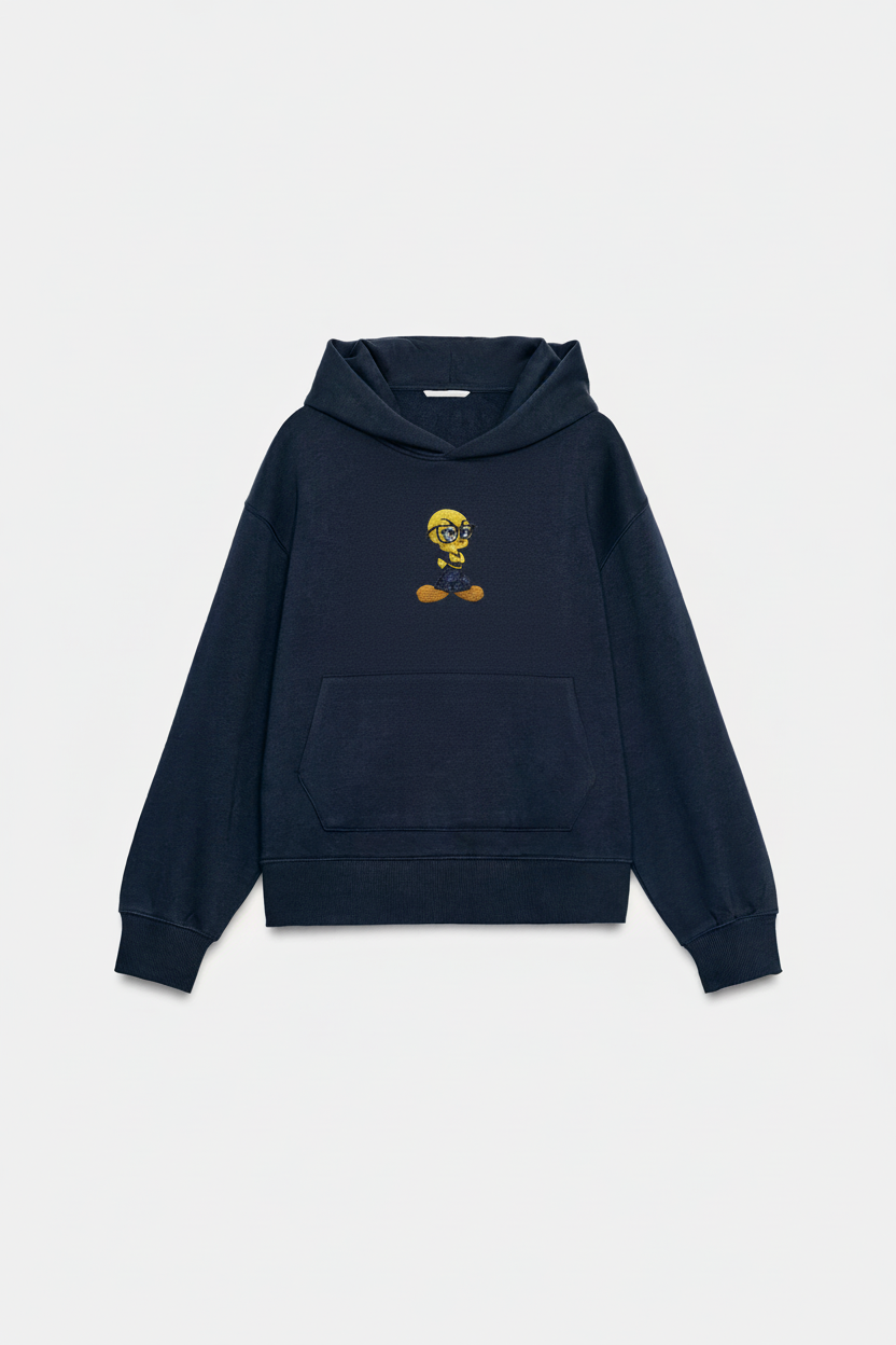 Navy hoodie with the original beaded bird motif centered on the chest