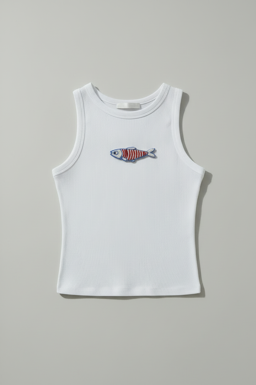 White ribbed top with centered blue and red fish beadwork, no model