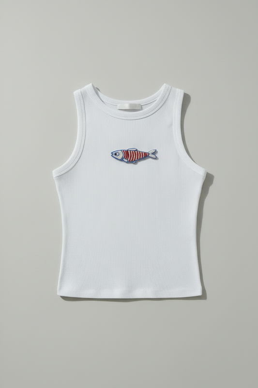 White ribbed top with centered blue and red fish beadwork, no model